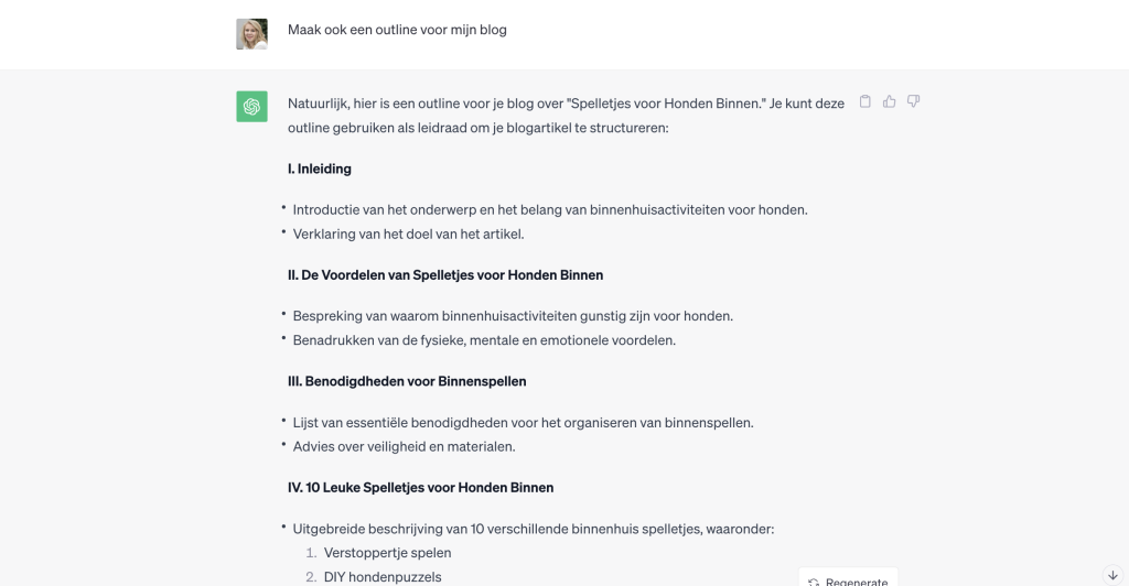 Vraag aan ChatGPT om een outline te maken